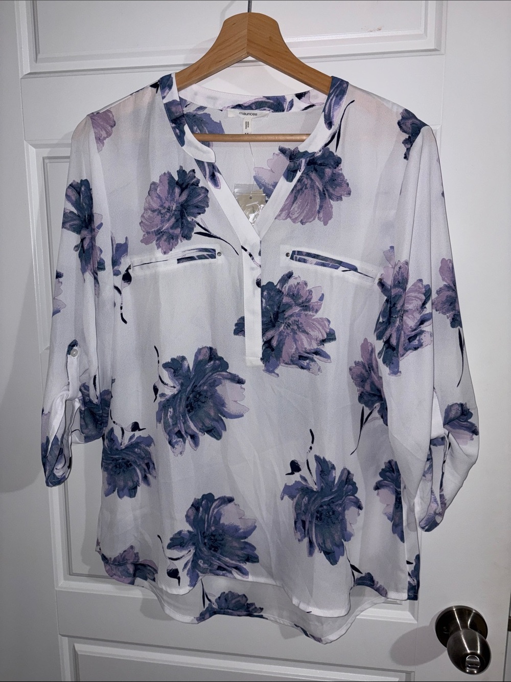 Maurices White Blouse with Lavender Floral Print